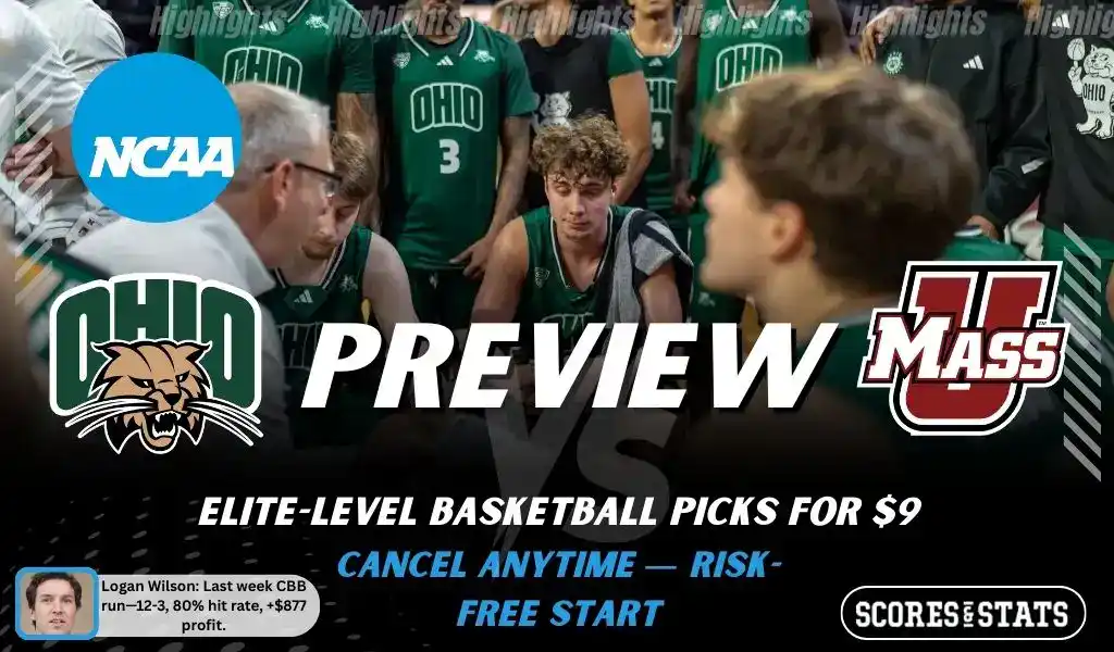 NCAAB preview graphic for Ohio Bobcats vs Massachusetts Minutemen (UMass) with both team logos, a matchup-themed background image, and the ScoresAndStats logo.