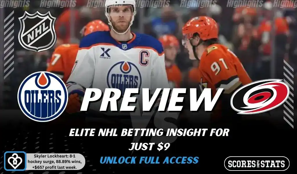 NHL preview graphic for Edmonton Oilers vs Carolina Hurricanes with both team logos, a matchup-themed hockey background image, and the ScoresAndStats logo.