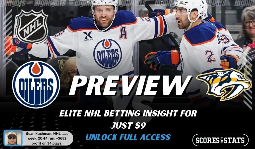 Edmonton Oilers vs Nashville Predators preview image with both team logos, a relevant hockey background, and the ScoresAndStats logo.