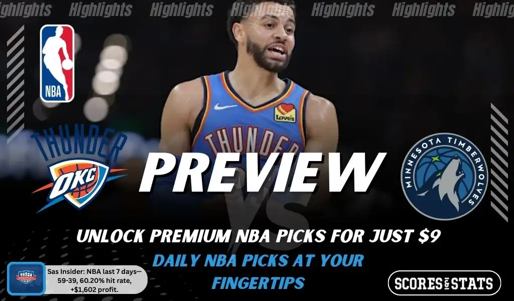 Oklahoma City Thunder vs Minnesota Timberwolves preview image with both team logos, a relevant basketball background, and the ScoresAndStats logo.