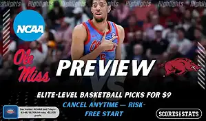 Ole Miss Rebels vs Arkansas Razorbacks NCAAB preview image with both team logos, a relevant basketball background, and the ScoresAndStats logo.