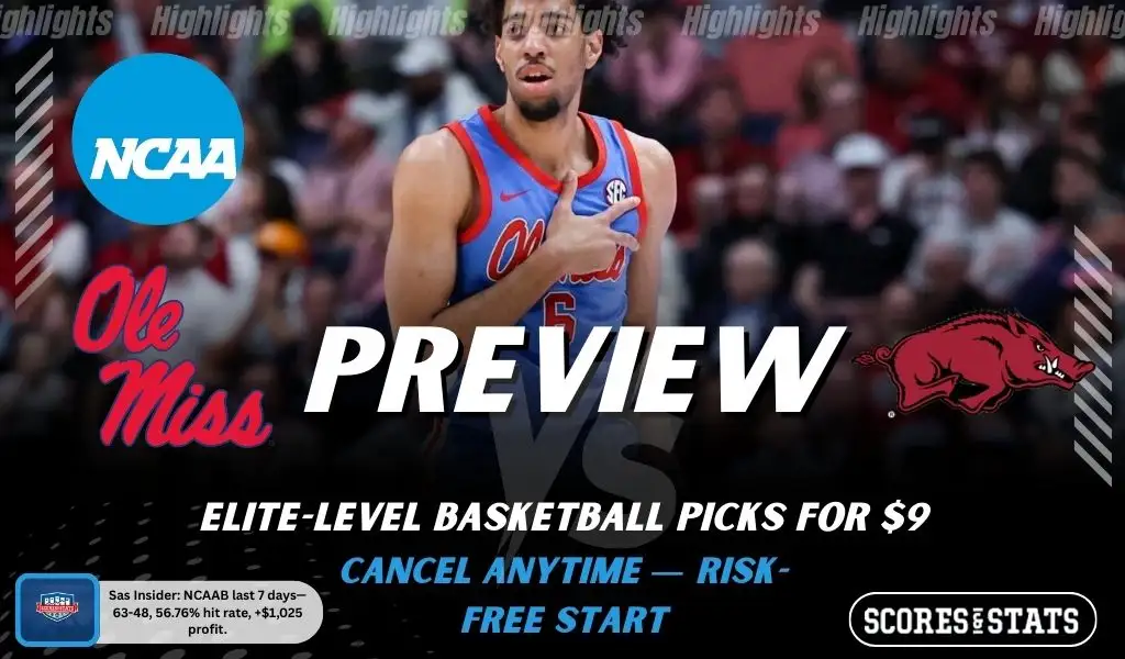 Ole Miss Rebels vs Arkansas Razorbacks NCAAB preview image with both team logos, a relevant basketball background, and the ScoresAndStats logo.