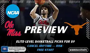 Ole Miss Rebels vs Texas Longhorns NCAAB preview image with both team logos, a relevant basketball background, and the ScoresAndStats logo.