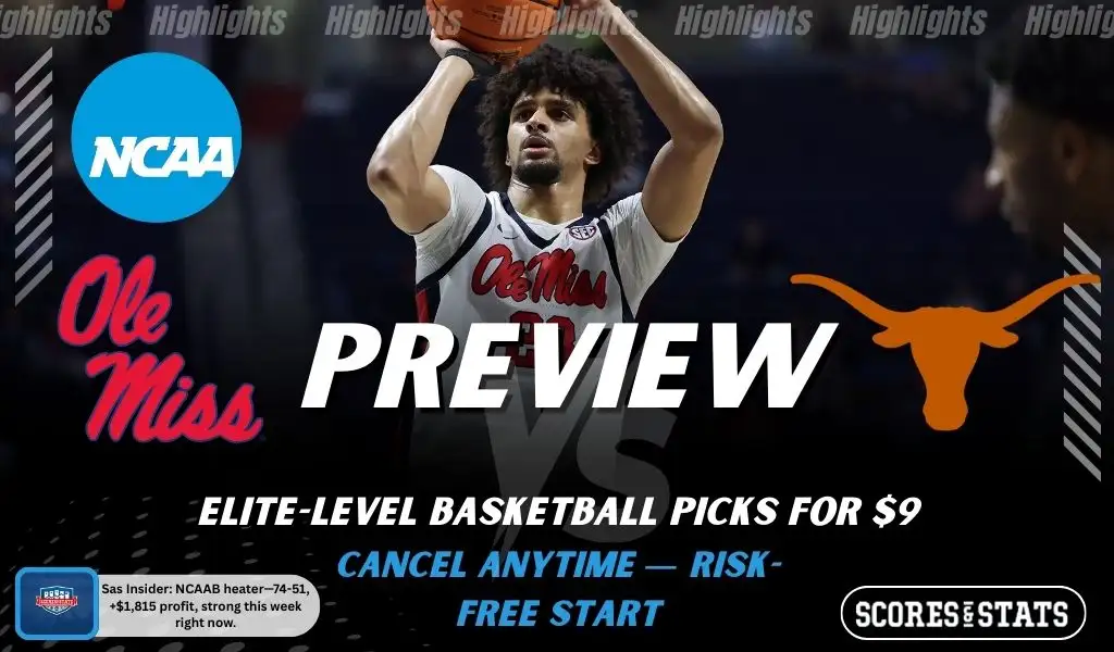Ole Miss Rebels vs Texas Longhorns NCAAB preview image with both team logos, a relevant basketball background, and the ScoresAndStats logo.