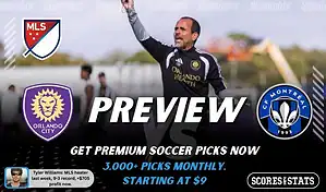 Orlando City vs CF Montreal preview image with both team logos, a relevant soccer background, and the ScoresAndStats logo.