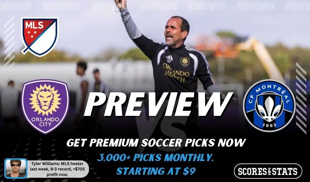 Orlando City vs CF Montreal preview image with both team logos, a relevant soccer background, and the ScoresAndStats logo.