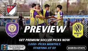 Orlando City vs Nashville SC preview image with both team logos, a relevant soccer background, and the ScoresAndStats logo.