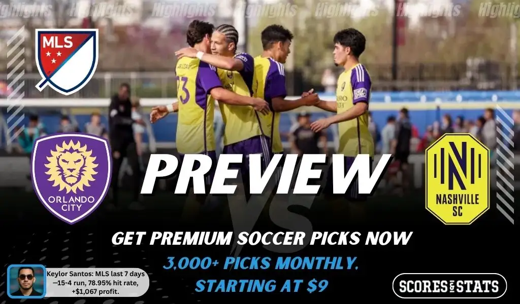 Orlando City vs Nashville SC preview image with both team logos, a relevant soccer background, and the ScoresAndStats logo.