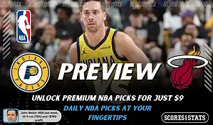 Indiana Pacers vs Miami Heat preview image with both team logos, a relevant basketball background, and the ScoresAndStats logo.