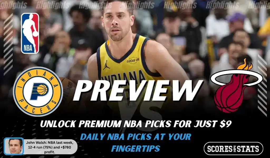 Indiana Pacers vs Miami Heat preview image with both team logos, a relevant basketball background, and the ScoresAndStats logo.