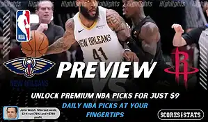 New Orleans Pelicans vs Houston Rockets preview image with both team logos, a relevant basketball background, and the ScoresAndStats logo.