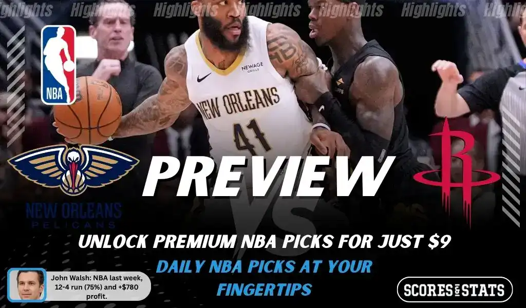 New Orleans Pelicans vs Houston Rockets preview image with both team logos, a relevant basketball background, and the ScoresAndStats logo.