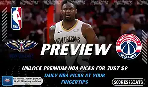 NBA preview graphic for New Orleans Pelicans vs Washington Wizards featuring both team logos, a matchup-themed background image, and the ScoresAndStats logo.