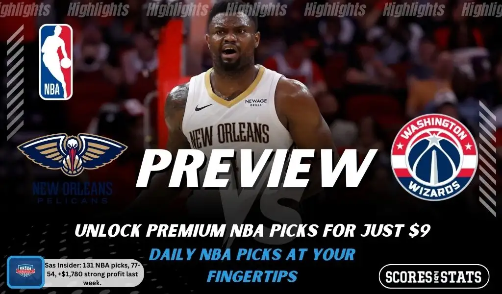 NBA preview graphic for New Orleans Pelicans vs Washington Wizards featuring both team logos, a matchup-themed background image, and the ScoresAndStats logo.