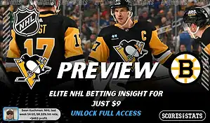 NHL preview graphic for Pittsburgh Penguins vs Boston Bruins featuring both team logos, a matchup-themed background image, and the ScoresAndStats logo.
