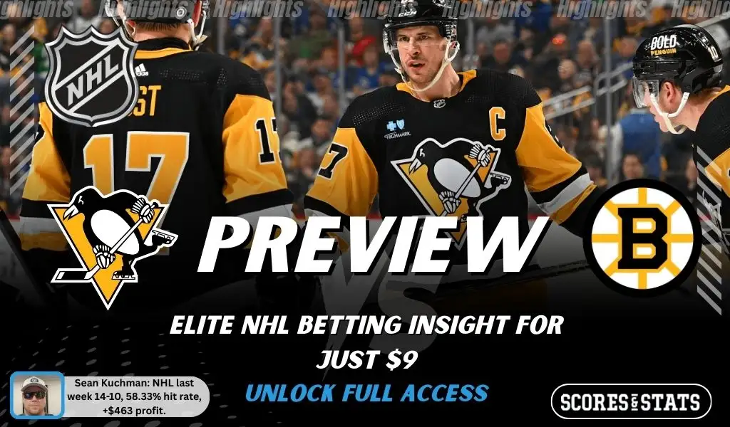 NHL preview graphic for Pittsburgh Penguins vs Boston Bruins featuring both team logos, a matchup-themed background image, and the ScoresAndStats logo.