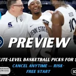 NCAAB preview graphic for Penn State Nittany Lions vs Rutgers Scarlet Knights featuring both team logos, a matchup-themed background image, and the ScoresAndStats logo.