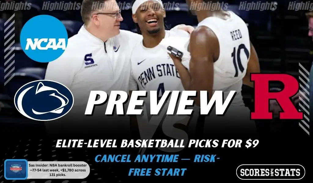 NCAAB preview graphic for Penn State Nittany Lions vs Rutgers Scarlet Knights featuring both team logos, a matchup-themed background image, and the ScoresAndStats logo.