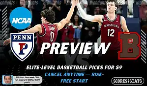 NCAAB preview graphic for Penn Quakers vs Brown Bears with both team logos, a matchup-themed background image, and the ScoresAndStats logo.