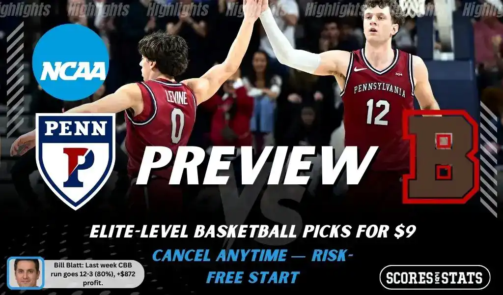 NCAAB preview graphic for Penn Quakers vs Brown Bears with both team logos, a matchup-themed background image, and the ScoresAndStats logo.
