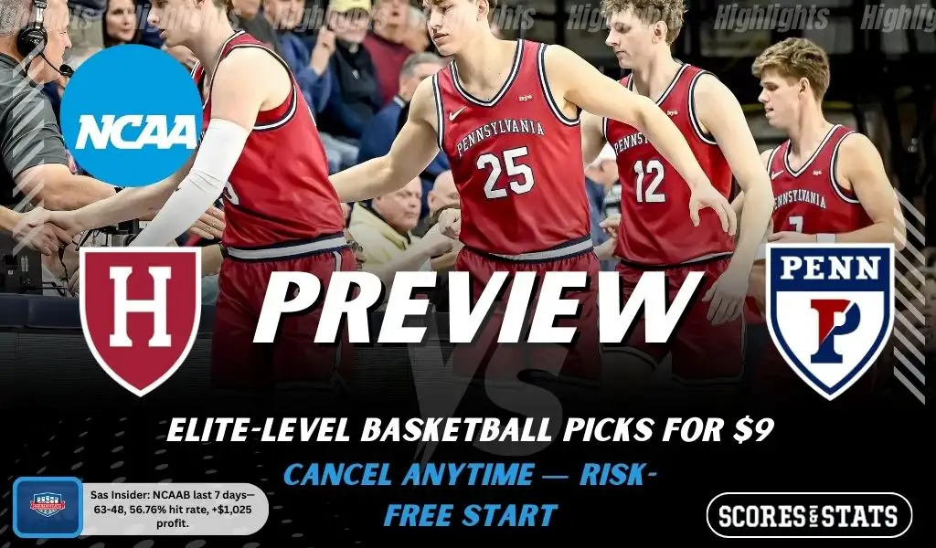 Penn Quakers vs Harvard Crimson NCAAB preview image with both team logos, a relevant basketball background, and the ScoresAndStats logo.