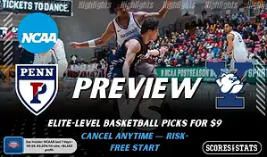 Penn Quakers vs Yale Bulldogs NCAAB preview image with both team logos, a relevant basketball background, and the ScoresAndStats logo.