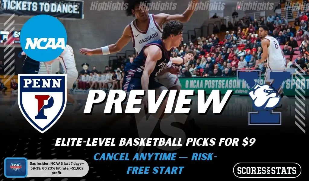 Penn Quakers vs Yale Bulldogs NCAAB preview image with both team logos, a relevant basketball background, and the ScoresAndStats logo.