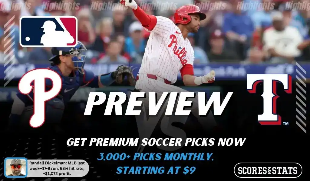 Philadelphia Phillies vs Texas Rangers preview image with both team logos, a relevant baseball background, and the ScoresAndStats logo.
