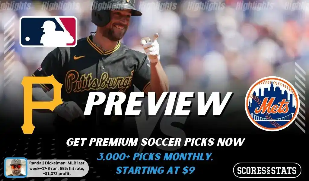 Pittsburgh Pirates vs New York Mets preview image with both team logos, a relevant baseball background, and the ScoresAndStats logo.