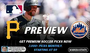 Pittsburgh Pirates vs New York Mets preview image with both team logos, a relevant baseball background, and the ScoresAndStats logo.