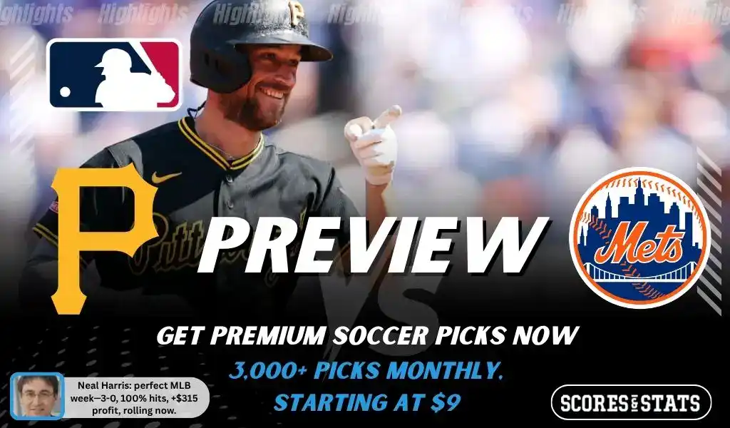 Pittsburgh Pirates vs New York Mets preview image with both team logos, a relevant baseball background, and the ScoresAndStats logo.