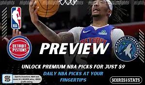 Detroit Pistons vs Minnesota Timberwolves preview image with both team logos, a relevant basketball background, and the ScoresAndStats logo.