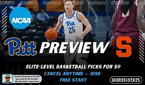 NCAAB preview graphic for Pittsburgh Panthers vs Syracuse Orange featuring both team logos, a matchup-themed background image, and the ScoresAndStats logo.