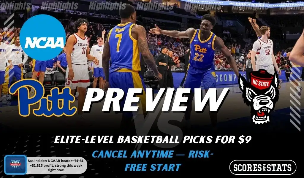 Pittsburgh Panthers vs North Carolina State Wolfpack NCAAB preview image with both team logos, a relevant basketball background, and the ScoresAndStats logo.