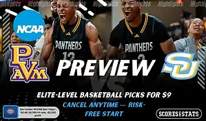 Prairie View A&M Panthers vs Southern Jaguars NCAAB preview image with both team logos, a relevant basketball background, and the ScoresAndStats logo.