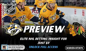 Nashville Predators vs Chicago Blackhawks preview image with both team logos, a relevant hockey background, and the ScoresAndStats logo.