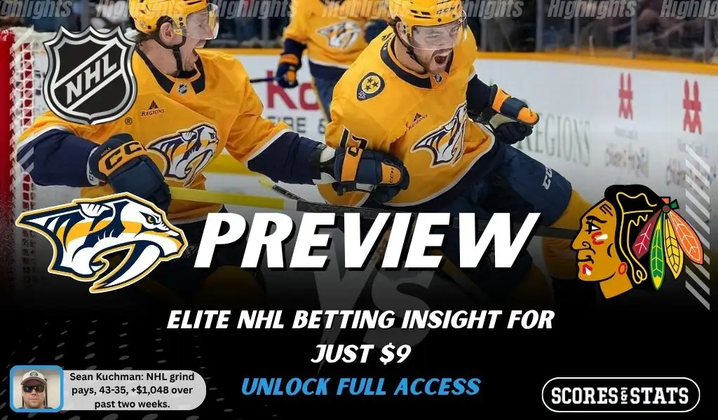 Nashville Predators vs Chicago Blackhawks preview image with both team logos, a relevant hockey background, and the ScoresAndStats logo.