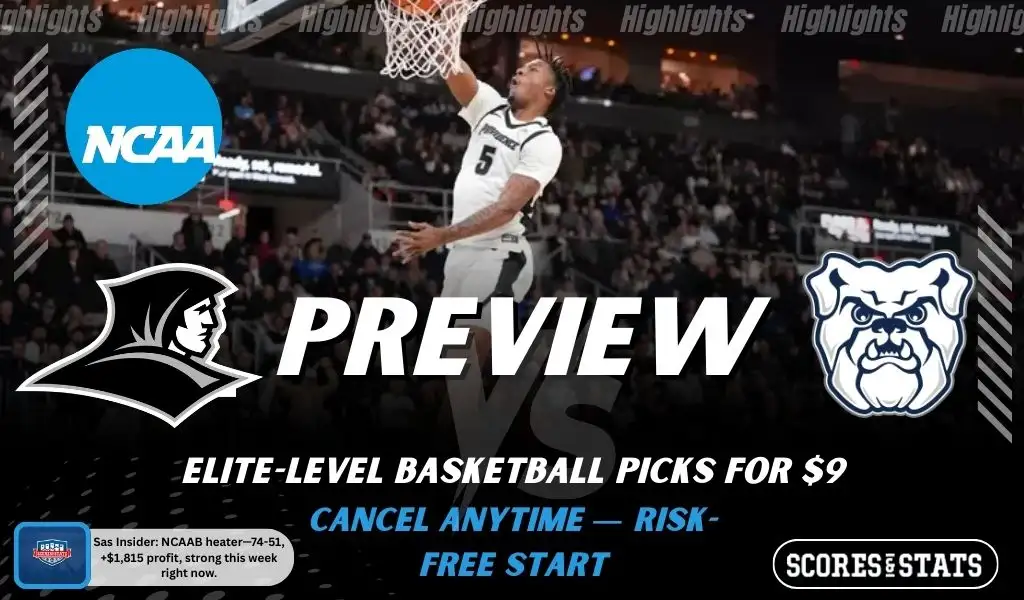 Providence Friars vs Butler Bulldogs NCAAB preview image with both team logos, a relevant basketball background, and the ScoresAndStats logo.