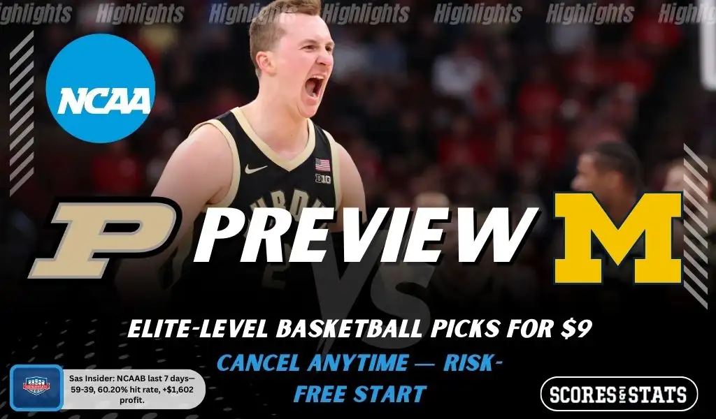 Purdue Boilermakers vs Michigan Wolverines NCAAB preview image with both team logos, a relevant basketball background, and the ScoresAndStats logo.