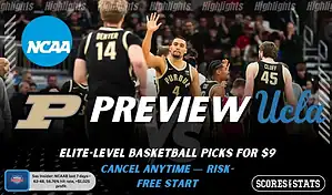 Purdue Boilermakers vs UCLA Bruins NCAAB preview image with both team logos, a relevant basketball background, and the ScoresAndStats logo.