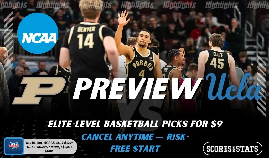 Purdue Boilermakers vs UCLA Bruins NCAAB preview image with both team logos, a relevant basketball background, and the ScoresAndStats logo.