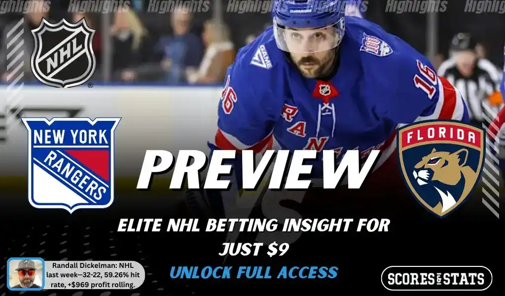 New York Rangers vs Florida Panthers preview image with both team logos, a relevant hockey background, and the ScoresAndStats logo.