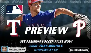Texas Rangers vs Philadelphia Phillies preview image with both team logos, a relevant baseball background, and the ScoresAndStats logo.