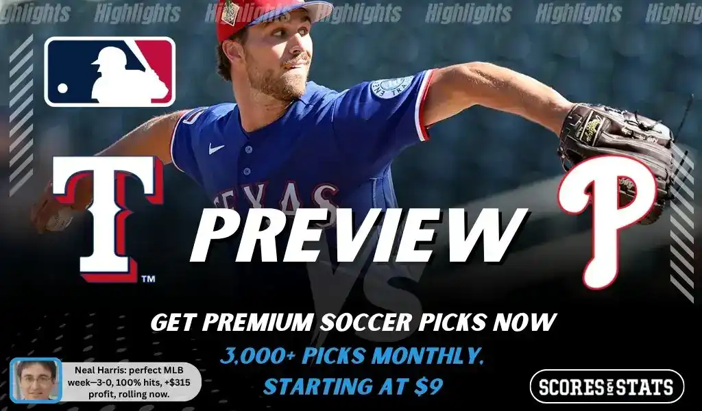Texas Rangers vs Philadelphia Phillies preview image with both team logos, a relevant baseball background, and the ScoresAndStats logo.