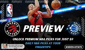 Toronto Raptors vs Orlando Magic preview image with both team logos, a relevant basketball background, and the ScoresAndStats logo.