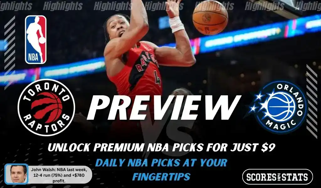 Toronto Raptors vs Orlando Magic preview image with both team logos, a relevant basketball background, and the ScoresAndStats logo.