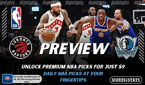 NBA preview graphic for Toronto Raptors vs Dallas Mavericks featuring both team logos, a matchup-themed background image, and the ScoresAndStats logo.