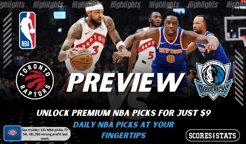 NBA preview graphic for Toronto Raptors vs Dallas Mavericks featuring both team logos, a matchup-themed background image, and the ScoresAndStats logo.