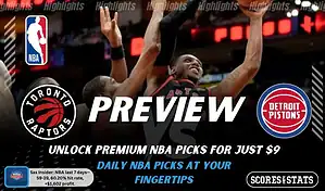 Toronto Raptors vs Detroit Pistons preview image with both team logos, a relevant basketball background, and the ScoresAndStats logo.