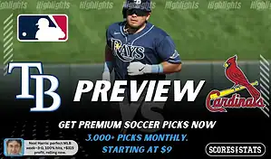 Tampa Bay Rays vs St. Louis Cardinals preview image with both team logos, a relevant baseball background, and the ScoresAndStats logo.